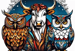 a cow and an owl at wrestle mania tattoo idea