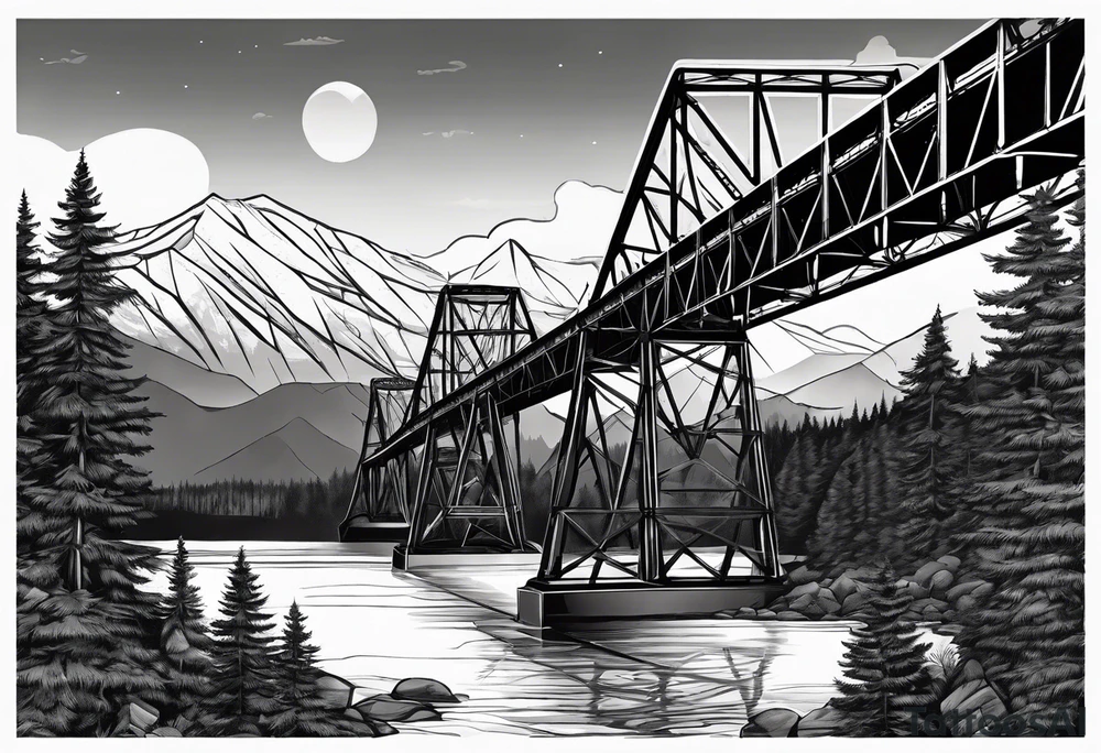 steel truss cantilever bridge over river, mountains, sky, trees, pacific northwesdt tattoo idea