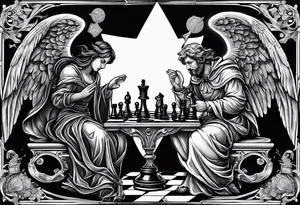 Depict an angel and devil engaged in a chess game, with the chessboard reflecting the cosmic battleground between good and evil, symbolizing the strategic nature of the eternal conflict. tattoo idea