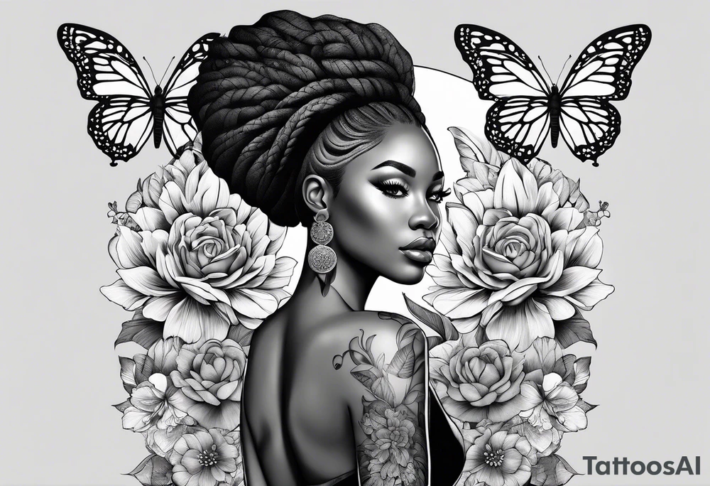 Full body black woman with a lion, butterflies and flowers tattoo idea