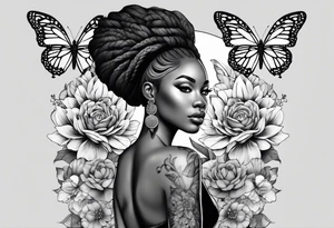 Full body black woman with a lion, butterflies and flowers tattoo idea