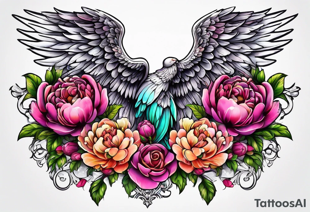 beautiful angel wings with floral peonies, roses, neon, brightly colored. highly detailed, tattoo idea