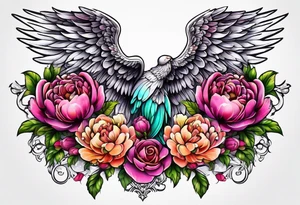 beautiful angel wings with floral peonies, roses, neon, brightly colored. highly detailed, tattoo idea