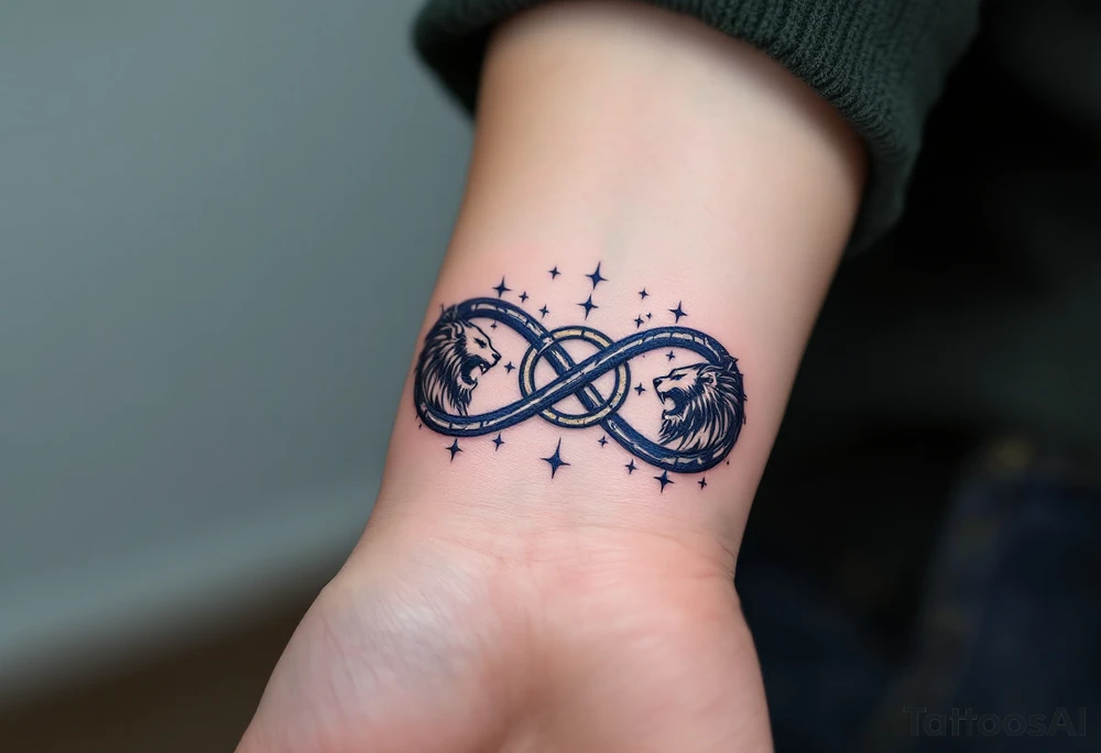 A midnight blue infinity knot interlaced with stars and guarded by two facing guardian lions. tattoo idea
