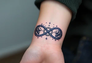 A midnight blue infinity knot interlaced with stars and guarded by two facing guardian lions. tattoo idea