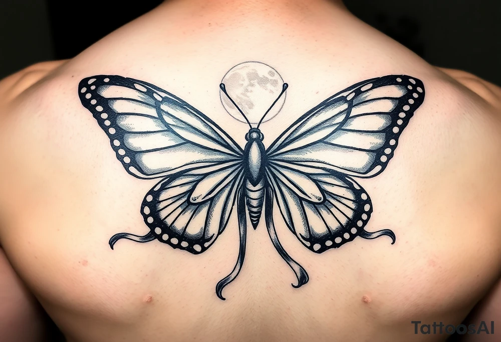 ethereal butterfly with flowing silk ribbons in moonlight tattoo idea