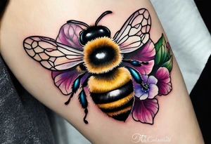 Small tattoo. There’s a hydrangea and a bee but they are not touching. The bee is small and off to the side. tattoo idea