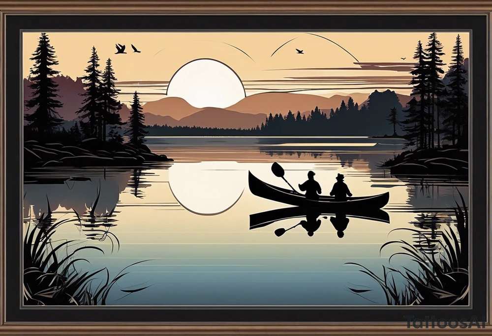 The tattoo design depicts a serene nature scene, framed within a semi-circular border. In the foreground, there are two people sitting in a canoe on a calm lake. They are paddling towards the horizon, with one person sitting at the back of the canoe and the other at the front. The back view of the people suggests a peaceful and contemplative moment shared between them.

In the background, there are majestic mountains with peaks covered in snow, creating a dramatic and picturesque landscape. The mountains are flanked by tall pine trees on either side, adding to the wilderness feel of the scene. Above the mountains, a large sun is either rising or setting, casting a tranquil glow over the entire scene. Birds are flying in the sky, adding to the sense of freedom and natural beauty.

The entire scene is rendered in a minimalist, black and white, line-drawing style, giving it a clean and elegant appearance. The semi-circular frame around the design focuses attention on the central elements and adds a sense of completeness to the image. black and white tattoo idea