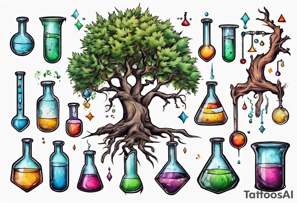 Tree with Chemistry items such as flasks and beakers filled with chemicals tattoo idea