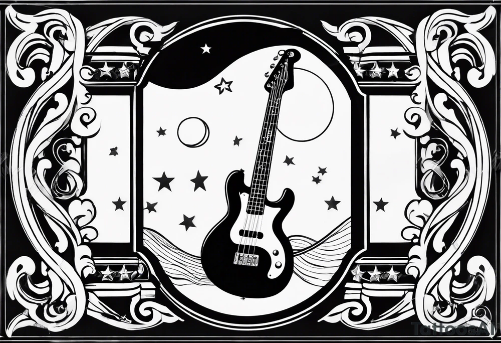 A well balanced tattoo full left arm with the following images: a bass guitar, 2 stars, 1  quarter moon, a caduceus symbol and a mickey mouse tattoo idea