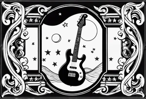 A well balanced tattoo full left arm with the following images: a bass guitar, 2 stars, 1  quarter moon, a caduceus symbol and a mickey mouse tattoo idea