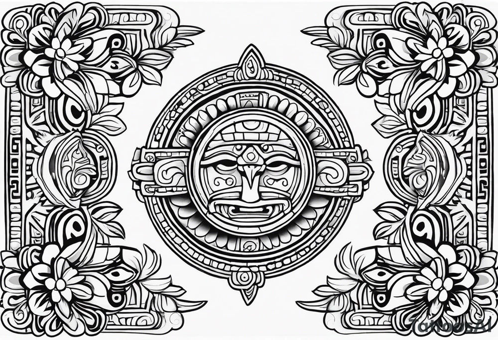 Create a masculine mayan tattoo design carved in stone featuring three flower buds of Gypsophila spp. tattoo idea