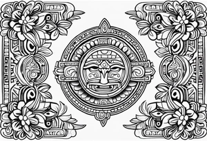 Create a masculine mayan tattoo design carved in stone featuring three flower buds of Gypsophila spp. tattoo idea