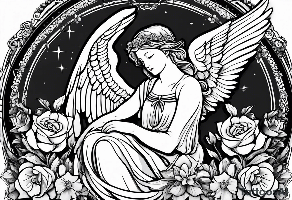 Simple Angel statue stood on a rock with daffodils and roses wrapped around its legs tattoo idea