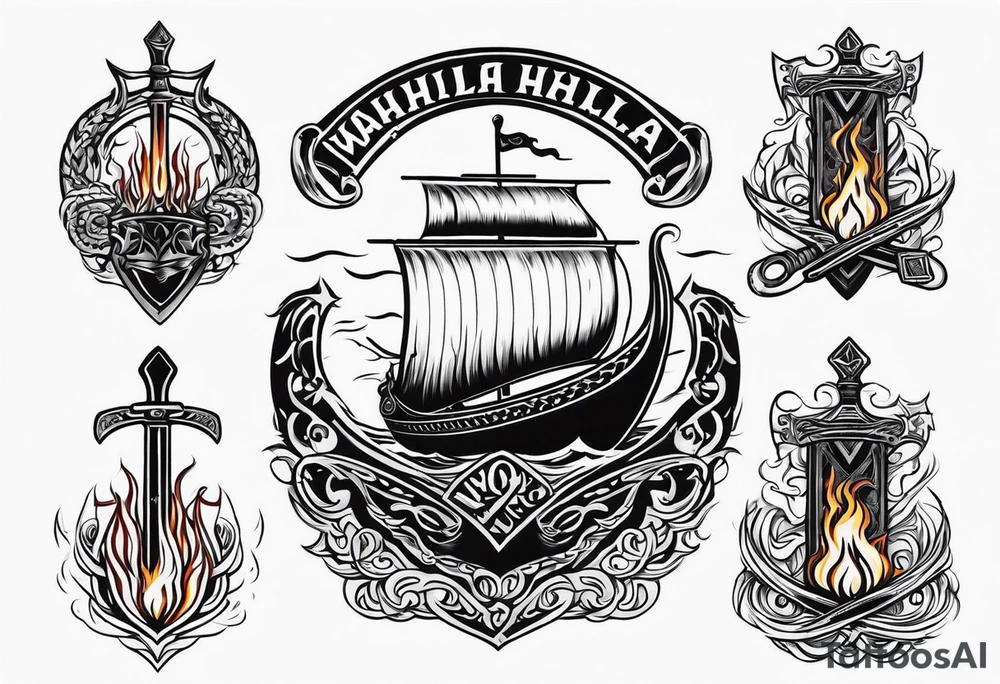 valhalla sword shield viking ship on fire tattoo idea
