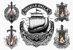 valhalla sword shield viking ship on fire tattoo idea