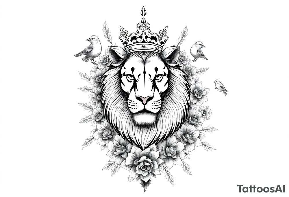 powerful majestic lion with a crown, surrounded by floral ornaments and birds tattoo idea