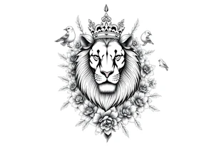 powerful majestic lion with a crown, surrounded by floral ornaments and birds tattoo idea