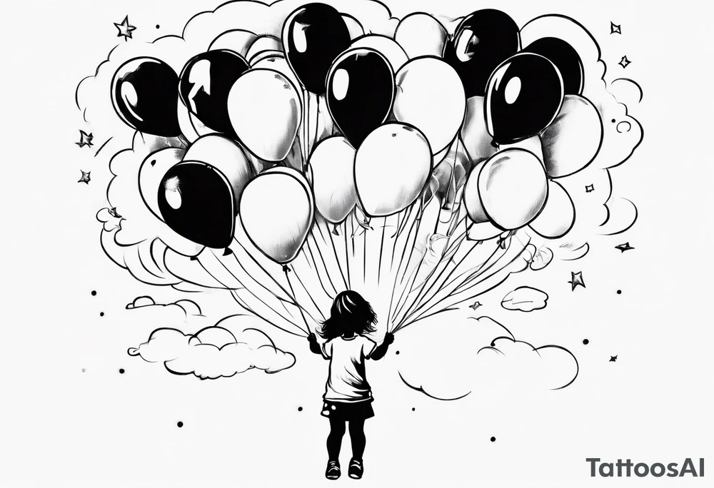 Little girl holding on to balloons and wearing a T-shirt saying ‘dream’ , going up to the sky tattoo idea