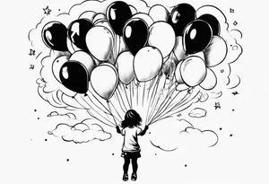 Little girl holding on to balloons and wearing a T-shirt saying ‘dream’ , going up to the sky tattoo idea