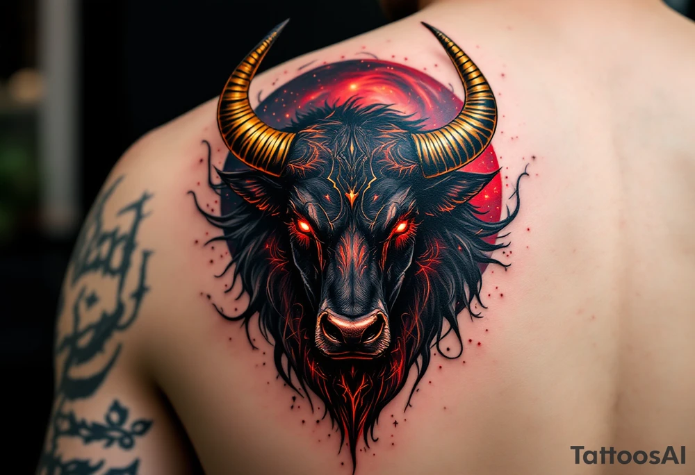 ChatGPT řekl:
A majestic Taurus tattoo featuring a powerful black bull with glowing golden horns, crimson eyes, and a deep red nebula swirling behind it, symbolizing strength, determination, and fiery passion. tattoo idea
