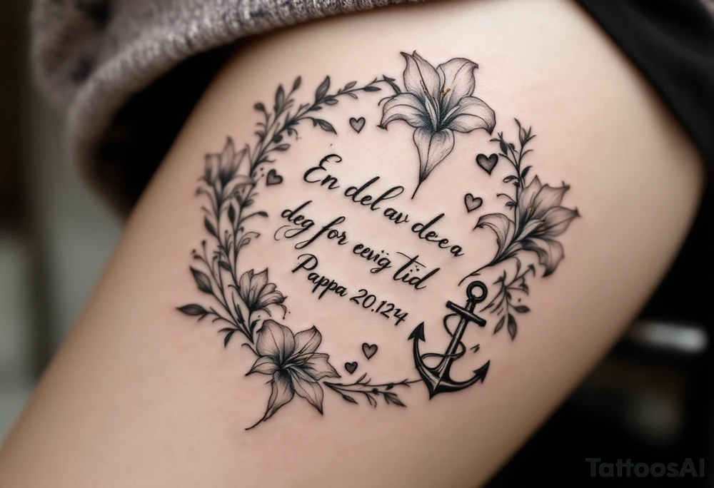 «En del av deg for evig tid
Pappa 20.12.24» Surrounded by long gladiolus, hearts, notes and an anchor tattoo idea