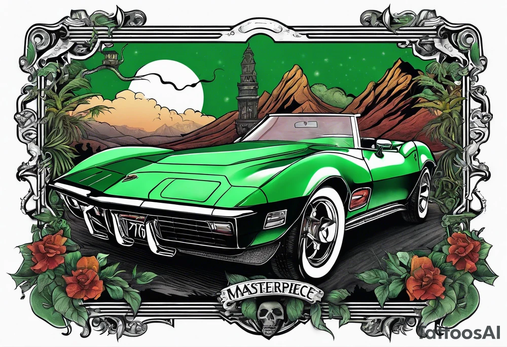 Skeleton smoking a cigarette driving a green 1976 convertible Corvette tattoo idea