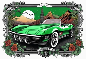 Skeleton smoking a cigarette driving a green 1976 convertible Corvette tattoo idea