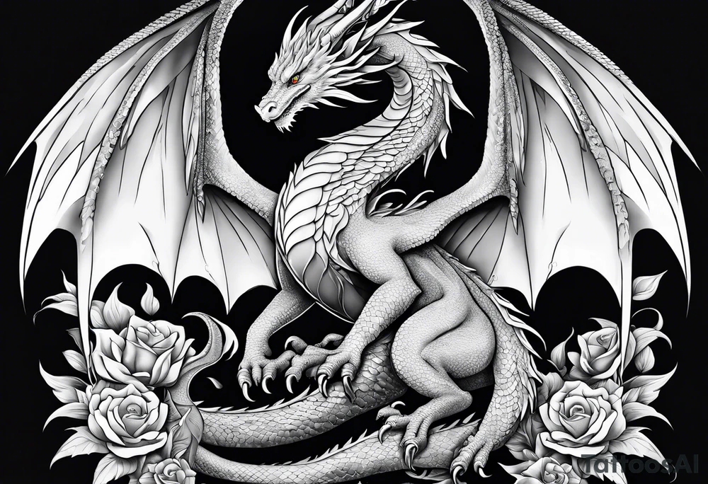 Mother dragon wings spread standing over her three young dragon babies tattoo idea