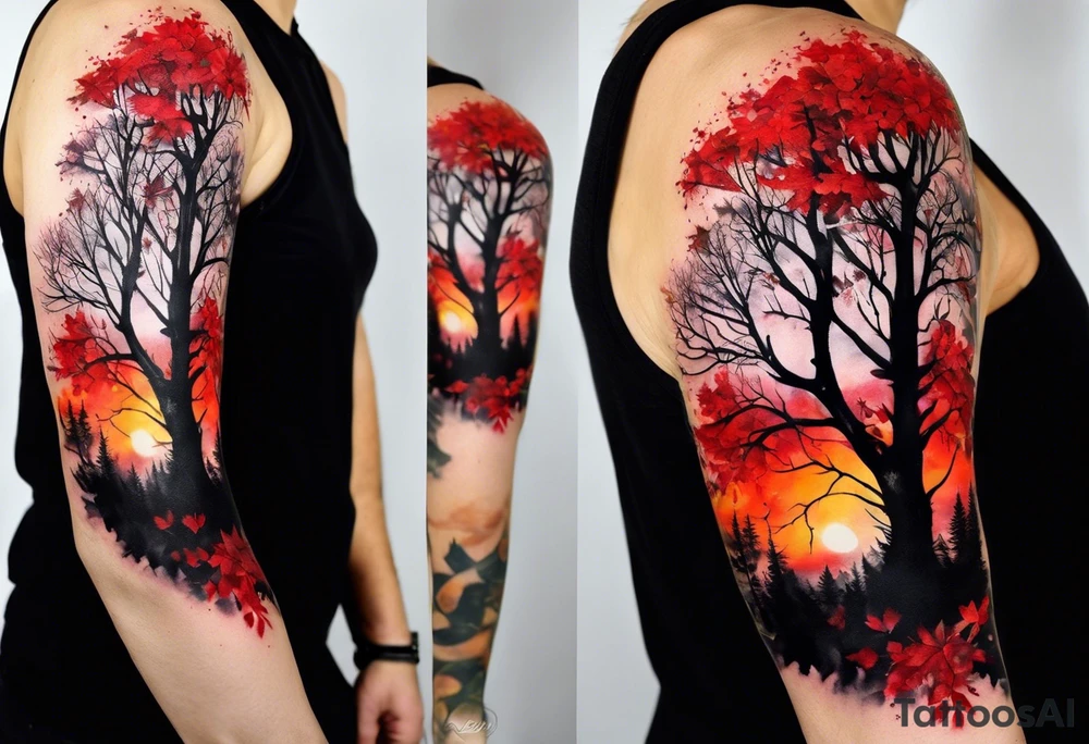 trash polka style. Arm tattoo. Long tattoo. Full sleeve. Shoulder. A single large maple tree with red autumn leaves that branches upwards from wrist to shoulder. White-throated dipper bird on the trees branches. Calluna flowers at the base of the trees stem. Tree stem has dark colors. Red/yellow sunset behind the trees stem. Leaves falling. tattoo idea