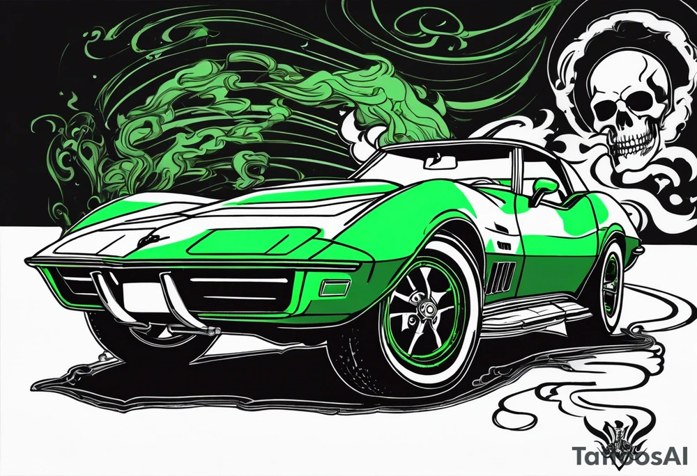 A skeleton smoking a cigarette driving a 1976 green Corvette tattoo idea