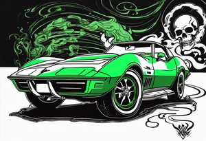 A skeleton smoking a cigarette driving a 1976 green Corvette tattoo idea