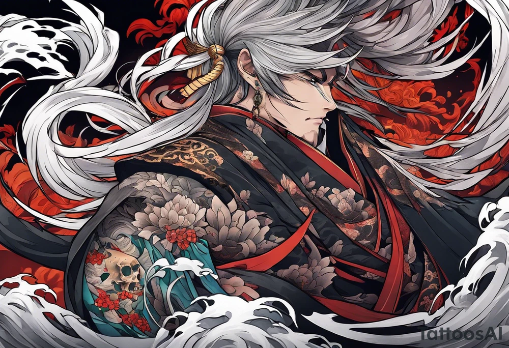 A sleeve of Izanami-no-mikoto half dead half living in the underworld tattoo idea