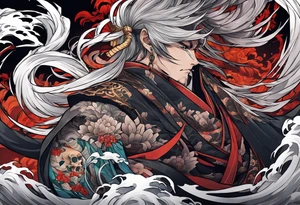 A sleeve of Izanami-no-mikoto half dead half living in the underworld tattoo idea