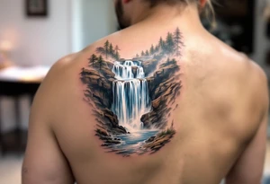 A realistic waterfall cascading down the forearm, flowing in crystal blue, white mist, and earthy browns, giving an ethereal look. tattoo idea