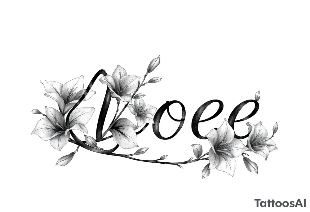 The word Kloee surrounded by lily flowers with the vine or stems in the letters tattoo idea