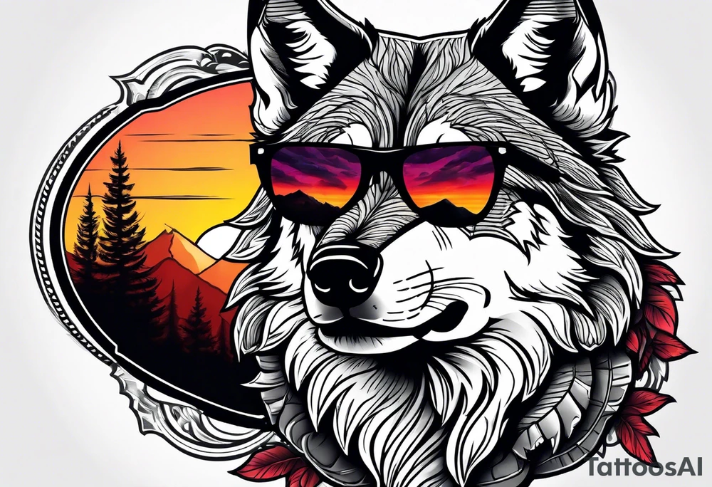 Badass wolf wearing sunglasses
Dark woods
Mountain peaks
Sunset tattoo idea