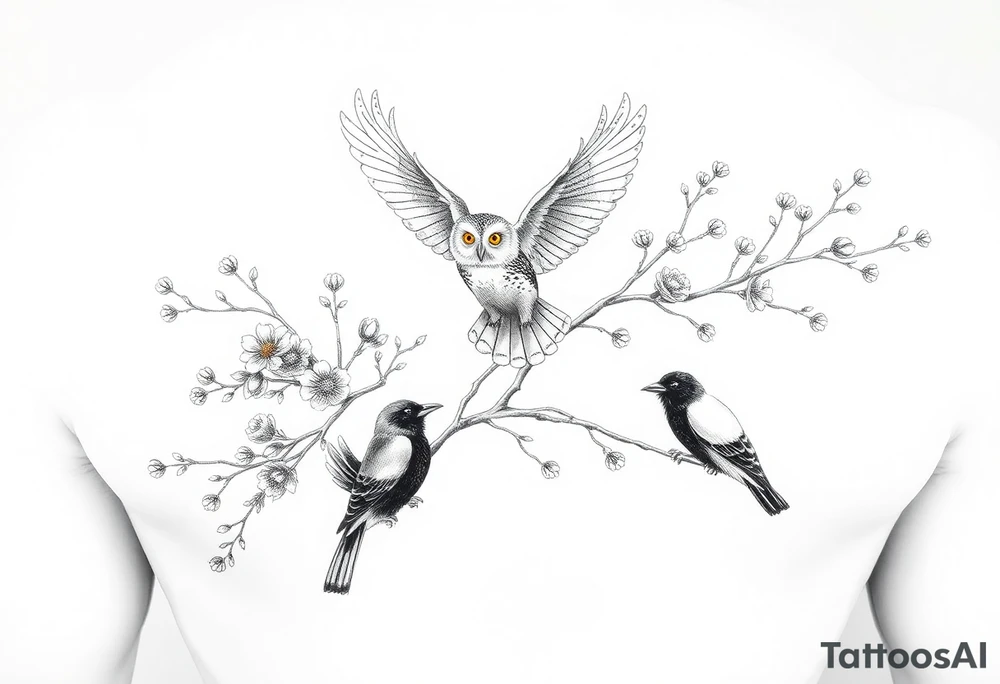 a fineline rowan tree branch with berries and florals. The florals should be large and the branches should have berries. add an owl in flight, plus two other birds (magpies) that are entwined in the branches tattoo idea