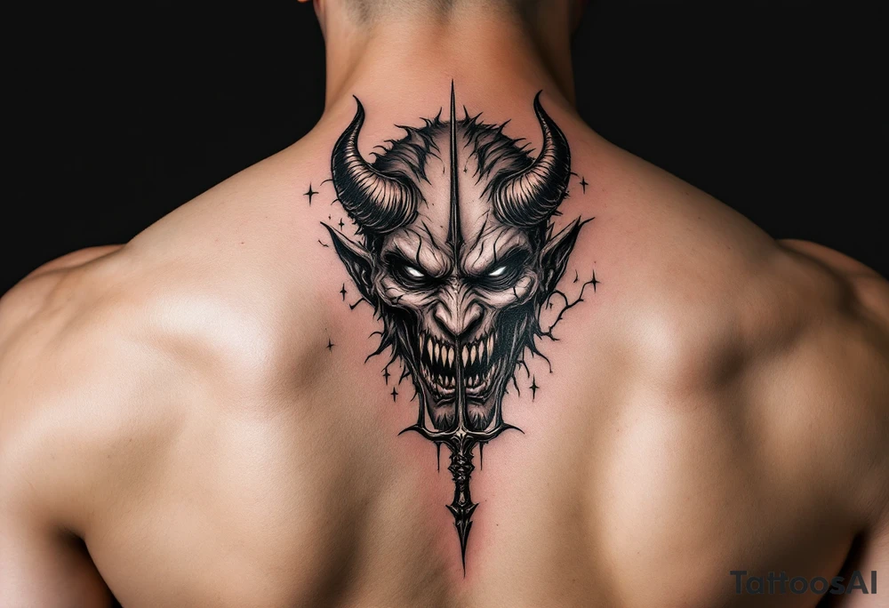 scary demon face with trident tattoo idea