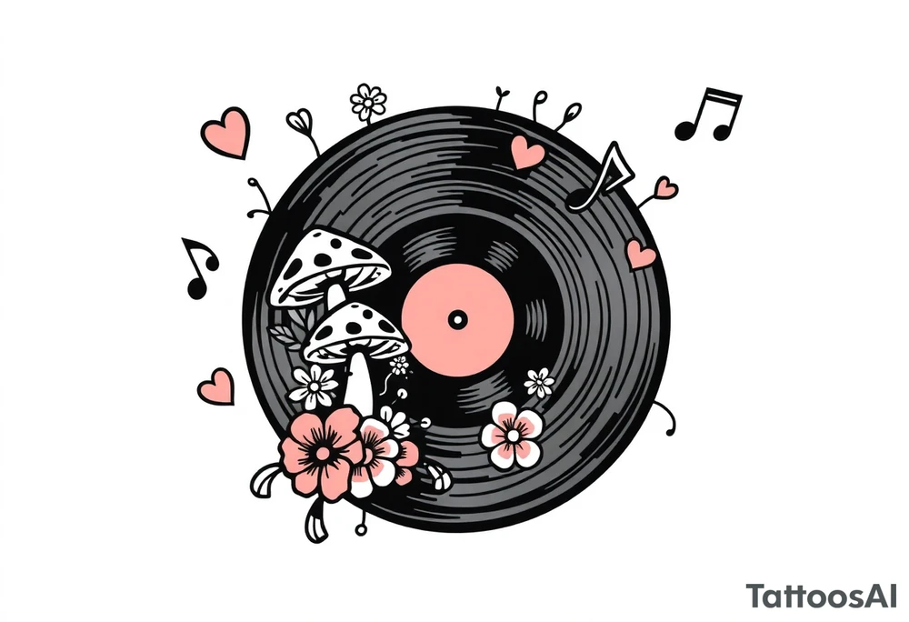vinyl record with mushrooms, flowers, hearts, and music notes tattoo idea