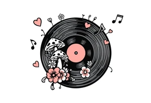 vinyl record with mushrooms, flowers, hearts, and music notes tattoo idea