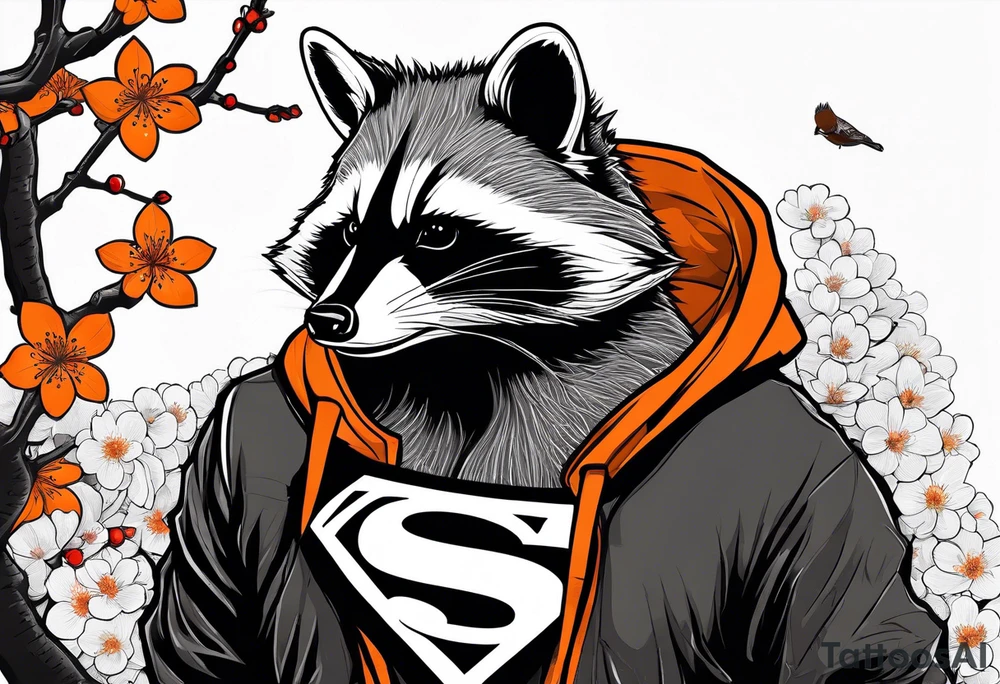 Raccoon wearing a white Superman logo on a black hoodie and orange Japanese cherry blossoms tattoo idea