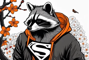Raccoon wearing a white Superman logo on a black hoodie and orange Japanese cherry blossoms tattoo idea