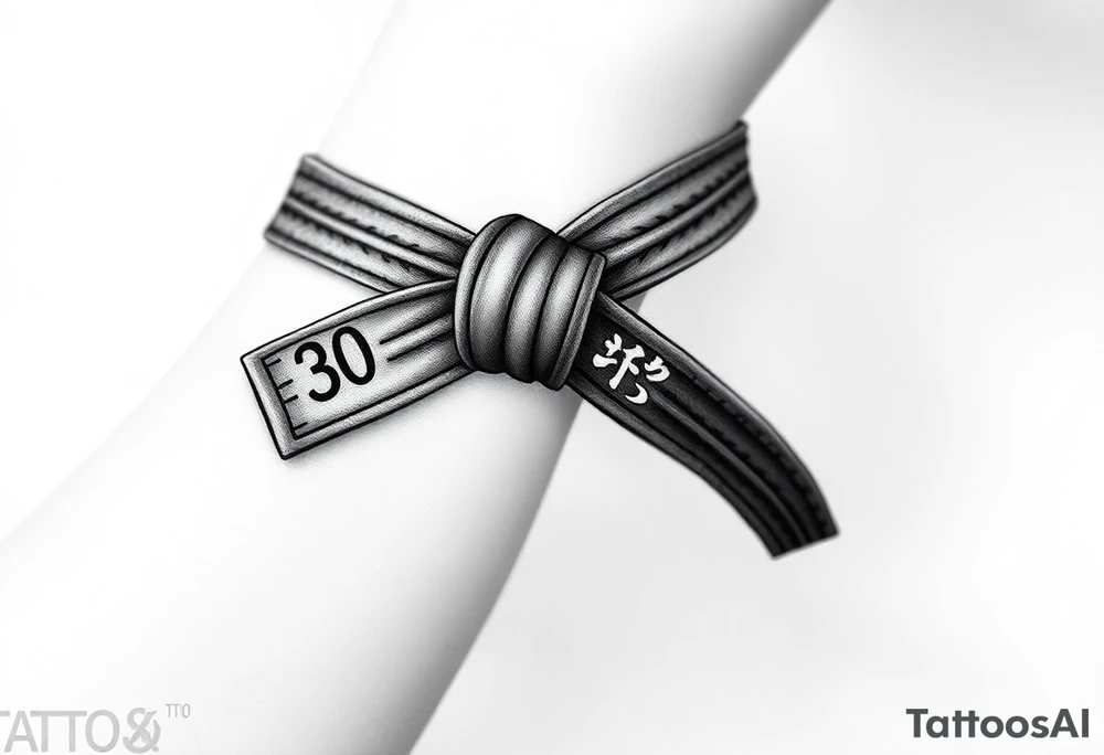 A realistic black and gray tattoo of a Brazilian Jiu-Jitsu black belt wrapping around the wrist like a bracelet. The belt is tied in a knot with one end showing the number 30 and the other showing 24. On the flat end of the belt, two Japanese kanji characters are inked in white: 成長 (growth) and 忍耐 (perseverance). The belt has subtle stitch marks and worn, textured shading for a slightly distressed, authentic look. The style is clean, symbolic, and bold, designed to wrap naturally around the wrist like a wristband.” tattoo idea