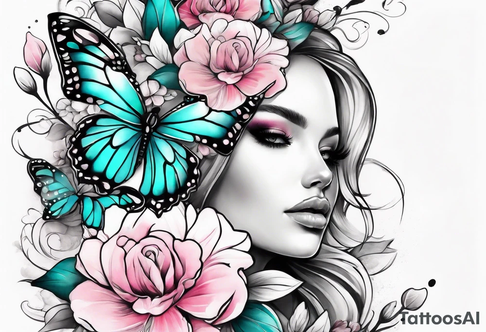 Female arm sleeve with pink, white, and teal flowers and butterflies tattoo idea