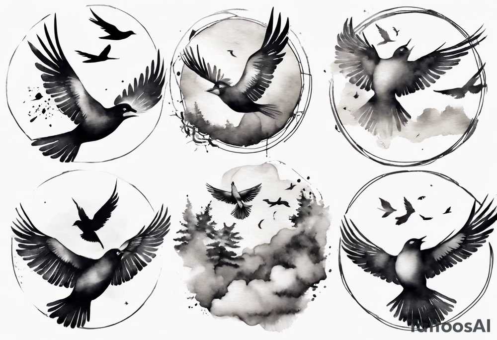 shoulder tattoo with light rays with birds flying free among the clouds, round shape, 3d effect tattoo idea shoulder tattoo with light rays with birds flying free among the clouds, round shape, 3d effect tattoo idea