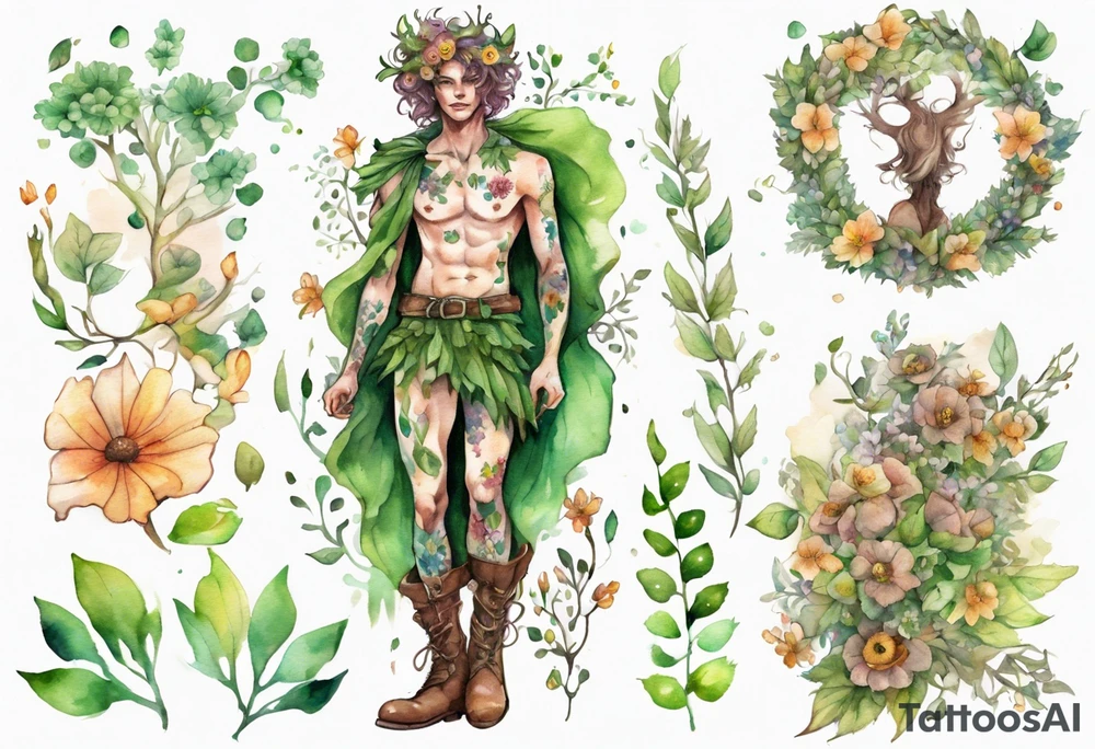 a male dryad covered in flowers wearing a leafy skirt and boots tattoo idea