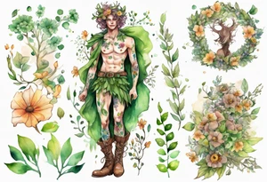 a male dryad covered in flowers wearing a leafy skirt and boots tattoo idea