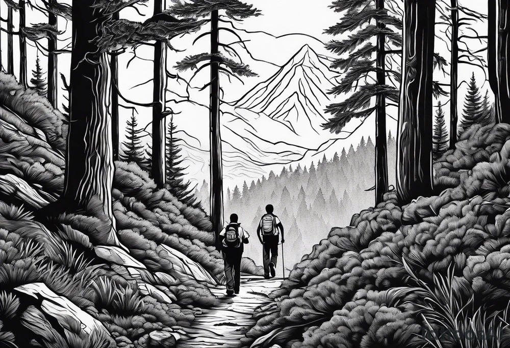 A man with his family hiking through the Forrest. Add Mexican American tone tattoo idea
