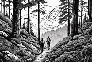 A man with his family hiking through the Forrest. Add Mexican American tone tattoo idea